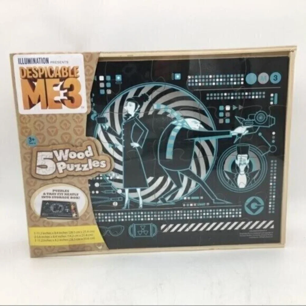 Despicable Me 3 Wooden Puzzle Set with Storage Box (5) Puzzles NEW